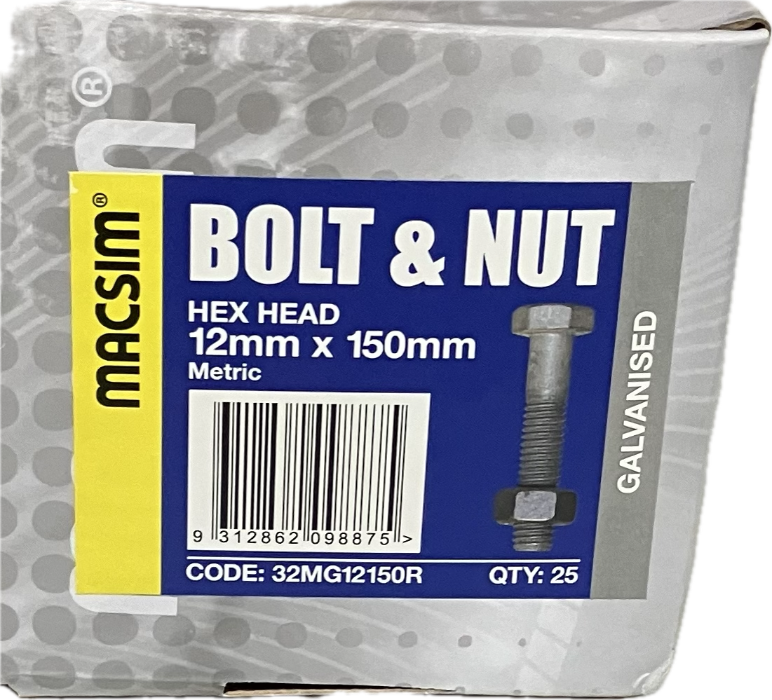 MACSIM GALVANISED HEX HEAD BOLT AND NUT 12MM