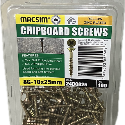 MACSIM CHIPBOARD COUNTERSUNK SELF EMBEDDING HEAD PHILLIPS DRIVE YELLOW ZINC PLATED 8G SCREW (BLISTER PACK OF 100 AND 50)