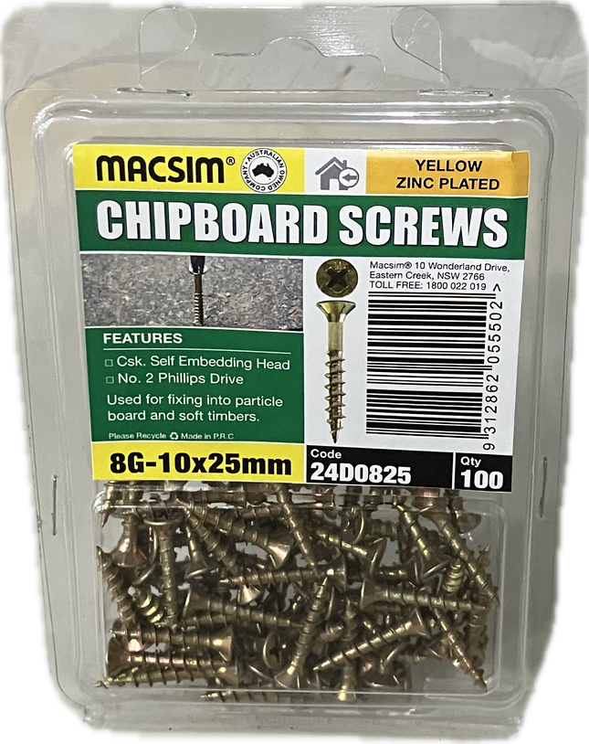 MACSIM CHIPBOARD COUNTERSUNK SELF EMBEDDING HEAD PHILLIPS DRIVE YELLOW ZINC PLATED 8G SCREW (BLISTER PACK OF 100 AND 50)