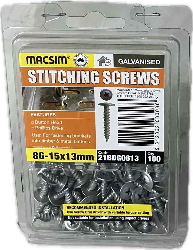 MACSIM STITCHING BUTTON HEAD PHILLIPS DRIVE GALVANISED 8G SCREW (BLISTER PACK OF 100)