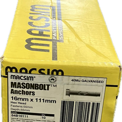 MACSIM MASON BOLT ANCHOR HEX HEAD 40MU GALVANISED (5.8 GRADE STEEL) 10MM