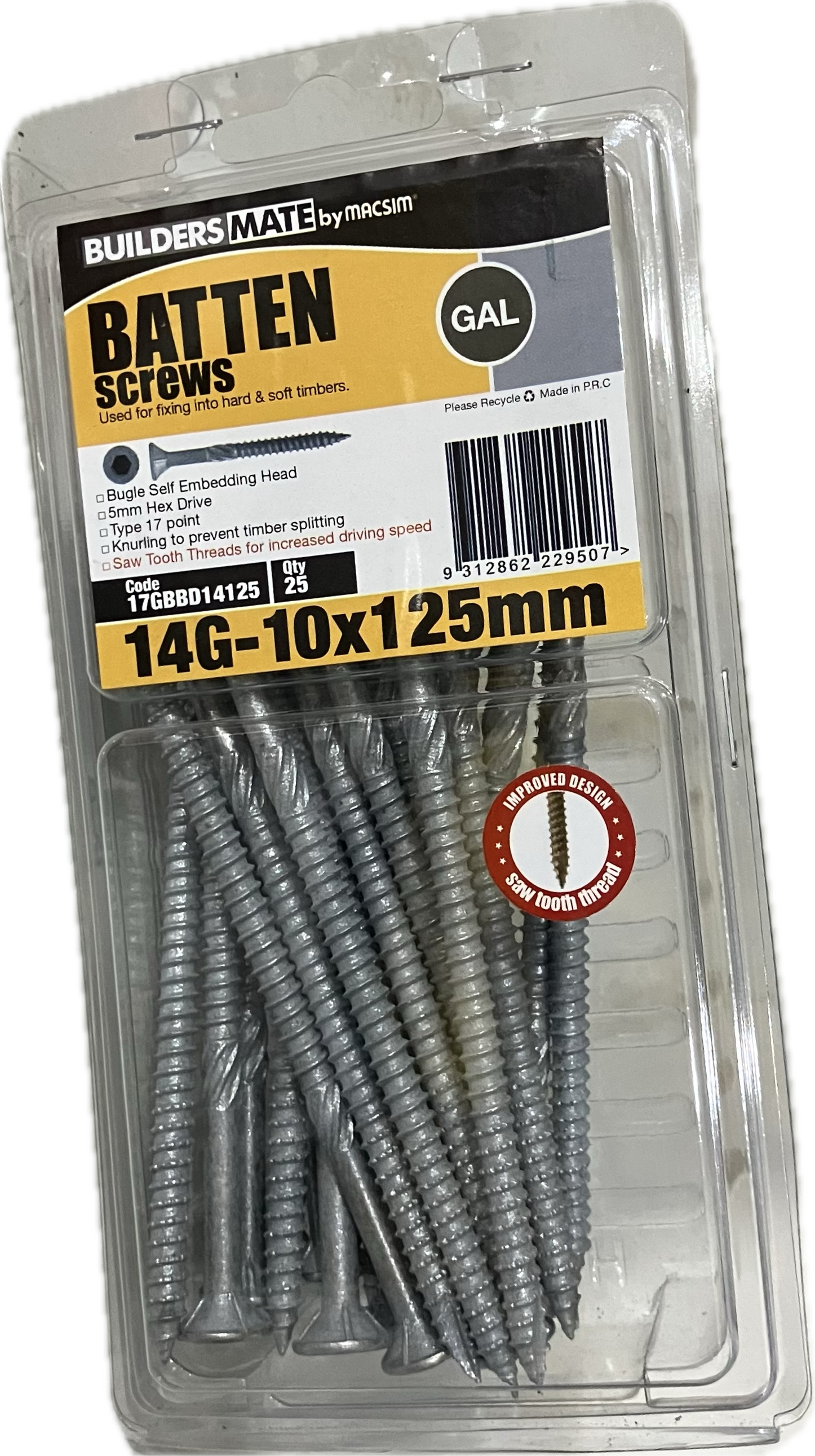 MACSIM BUILDERS MATE BATTEN T17 C3 BUGLE SELF EMBEDDING HEAD HEX DRIVE 14G SCREW (BLISTER PACK OF 25)