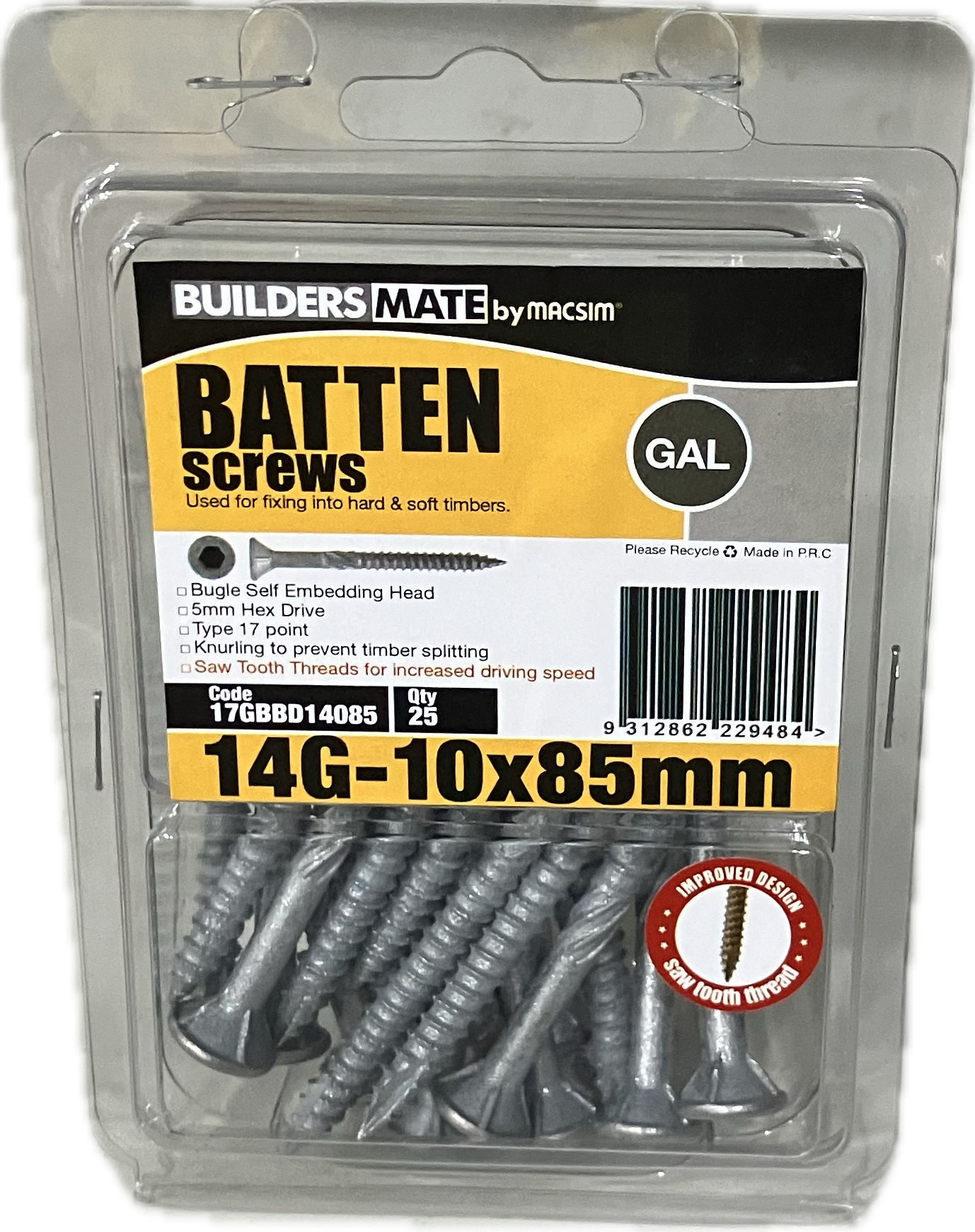 MACSIM BUILDERS MATE BATTEN T17 C3 BUGLE SELF EMBEDDING HEAD HEX DRIVE 14G SCREW (BLISTER PACK OF 25)