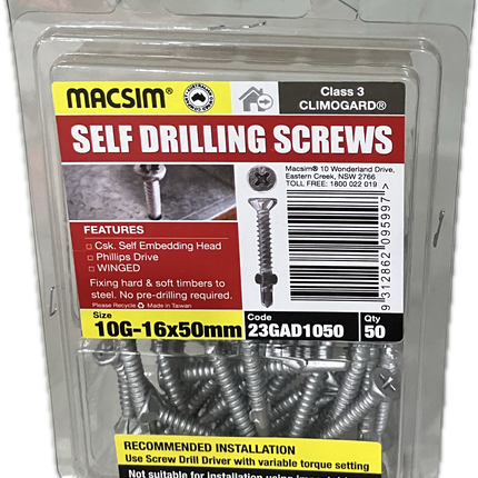 MACSIM SELF DRILLING COUNTERSUNK SELF EMBEDDING HEAD PHILLIPS DRIVE WINGED CLIMOGARD 10G SCREW (BLISTER PACK OF 50 AND 100)