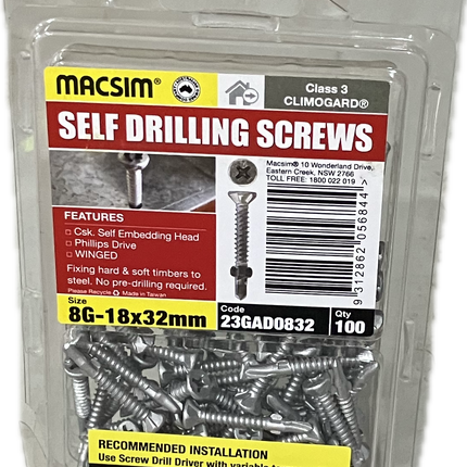 MACSIM SELF DRILLING COUNTERSUNK SELF EMBEDDING HEAD PHILLIPS DRIVE WINGED CLIMOGARD 8G SCREW (BLISTER PACK OF 100)