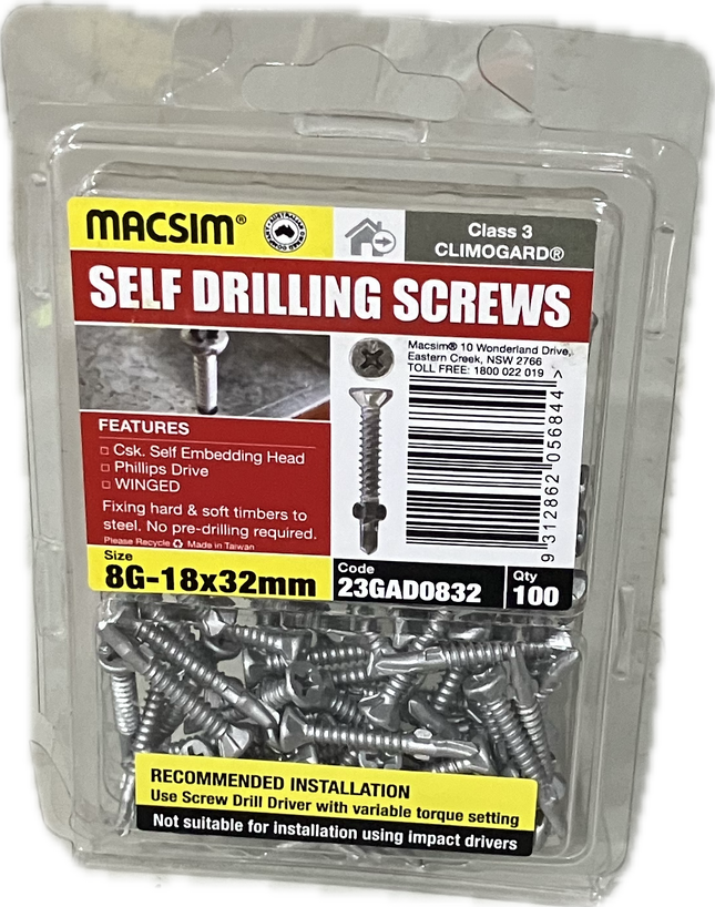 MACSIM SELF DRILLING COUNTERSUNK SELF EMBEDDING HEAD PHILLIPS DRIVE WINGED CLIMOGARD 8G SCREW (BLISTER PACK OF 100)