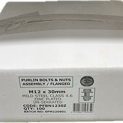 MACSIM FLANGED PURLIN BOLT AND NUT ASSEMBLY ZINC PLATED MILD STEEL CLASS 4.6 M12x30MM