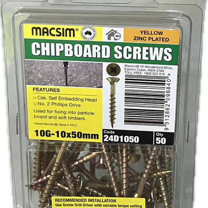 MACSIM CHIPBOARD COUNTERSUNK SELF EMBEDDING HEAD PHILLIPS DRIVE YELLOW ZINC PLATED 10G SCREW (BLISTER PACK OF 50)