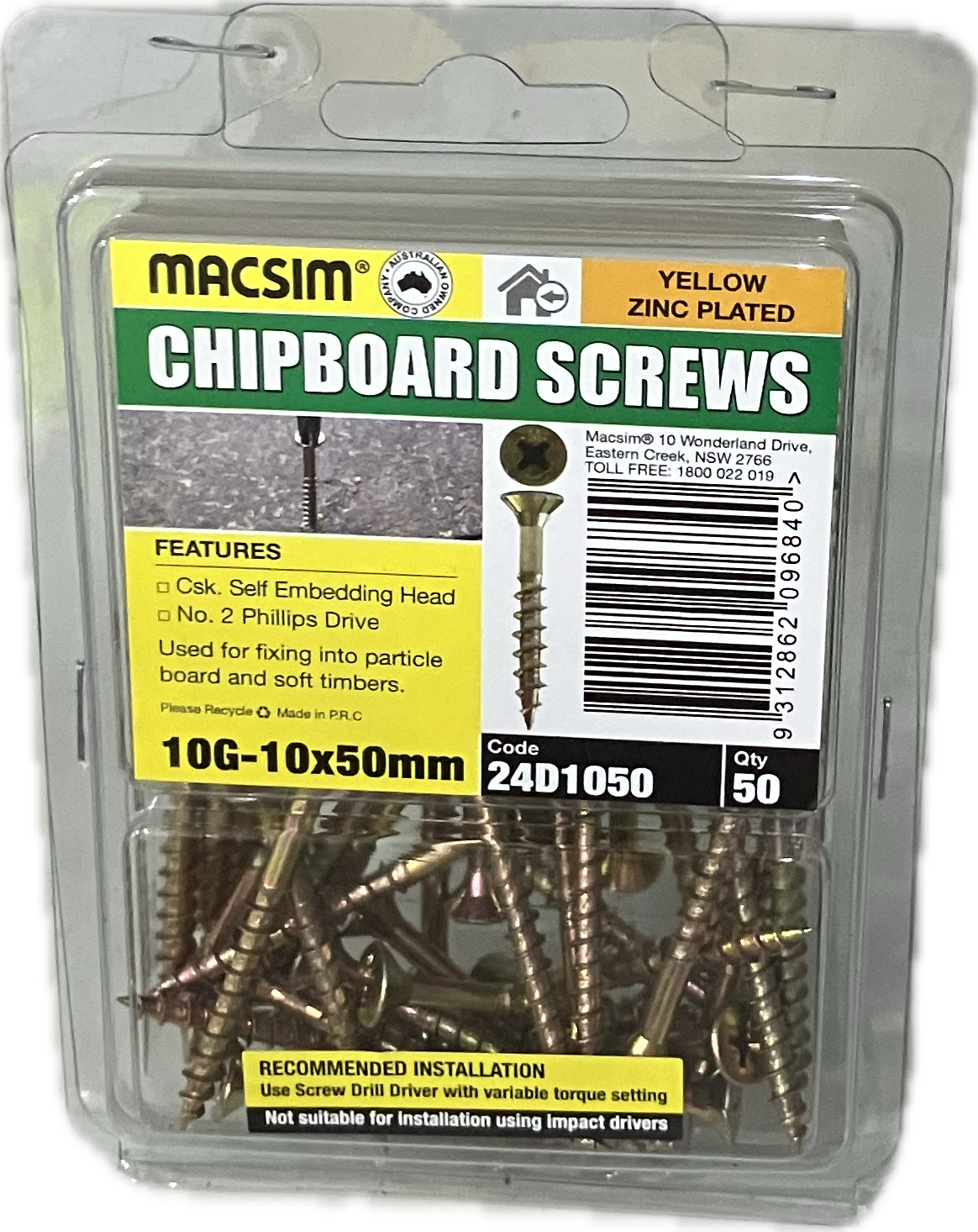 CHIPBOARD SCREWS- 10G (BLISTER PACK OF 50)