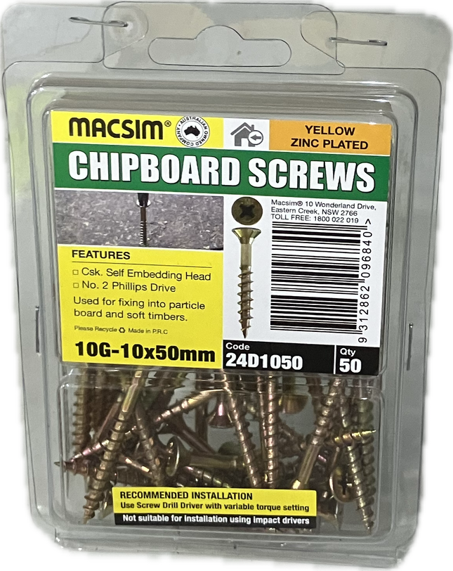 MACSIM CHIPBOARD COUNTERSUNK SELF EMBEDDING HEAD PHILLIPS DRIVE YELLOW ZINC PLATED 10G SCREW (BLISTER PACK OF 50)