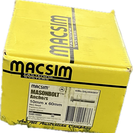 MACSIM MASON BOLT ANCHOR HEX HEAD 40MU GALVANISED (5.8 GRADE STEEL) 10MM