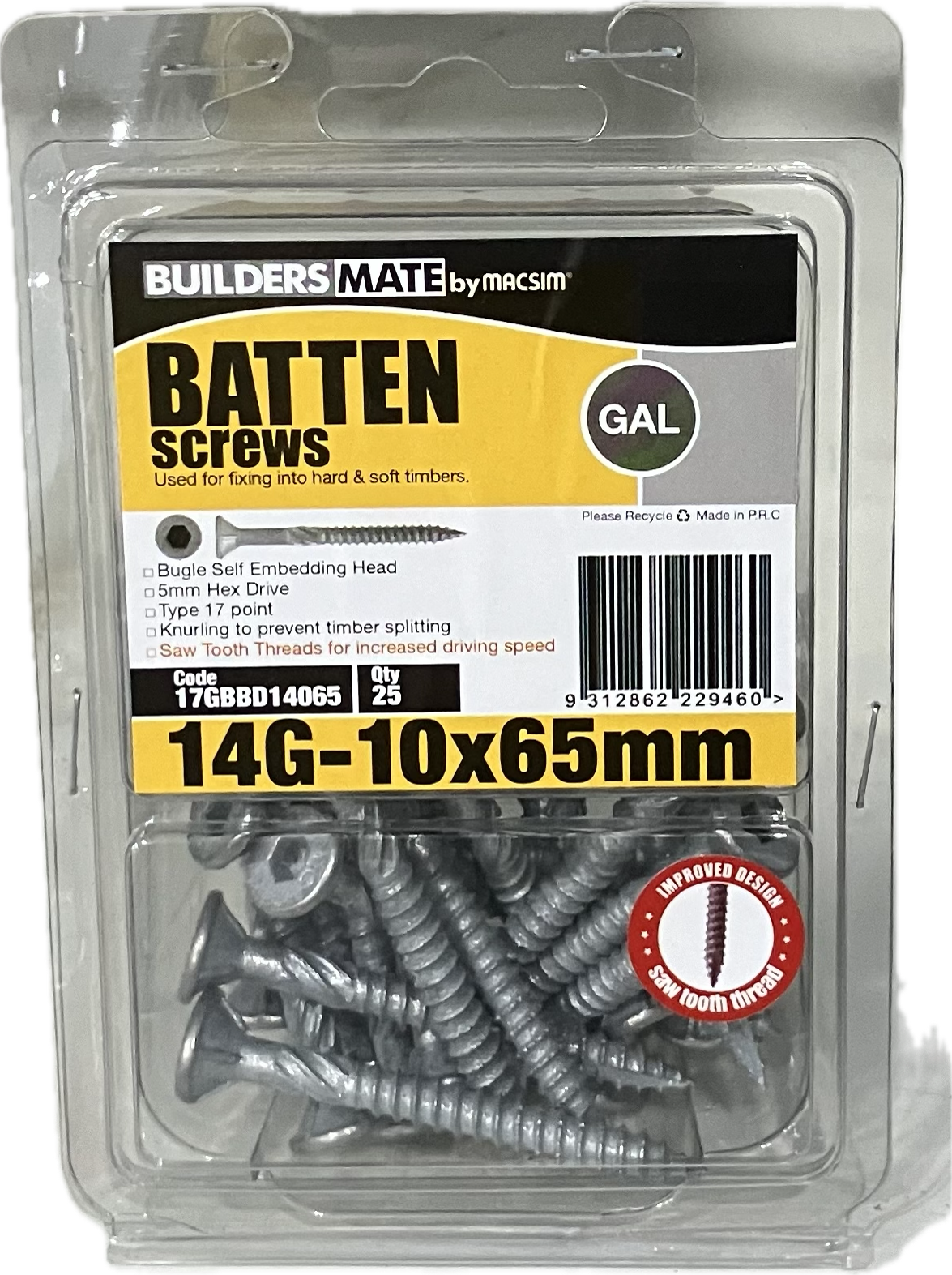 MACSIM BUILDERS MATE BATTEN T17 C3 BUGLE SELF EMBEDDING HEAD HEX DRIVE 14G SCREW (BLISTER PACK OF 25)