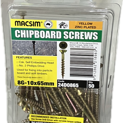 MACSIM CHIPBOARD COUNTERSUNK SELF EMBEDDING HEAD PHILLIPS DRIVE YELLOW ZINC PLATED 8G SCREW (BLISTER PACK OF 100 AND 50)