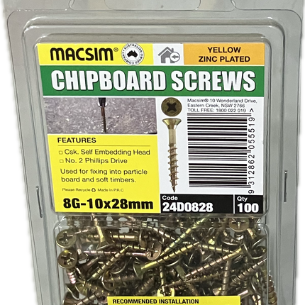 MACSIM CHIPBOARD COUNTERSUNK SELF EMBEDDING HEAD PHILLIPS DRIVE YELLOW ZINC PLATED 8G SCREW (BLISTER PACK OF 100 AND 50)