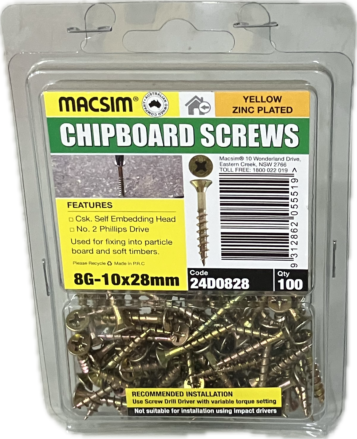 CHIPBOARD SCREWS- 8G (BLISTER PACK OF 100 AND 50)