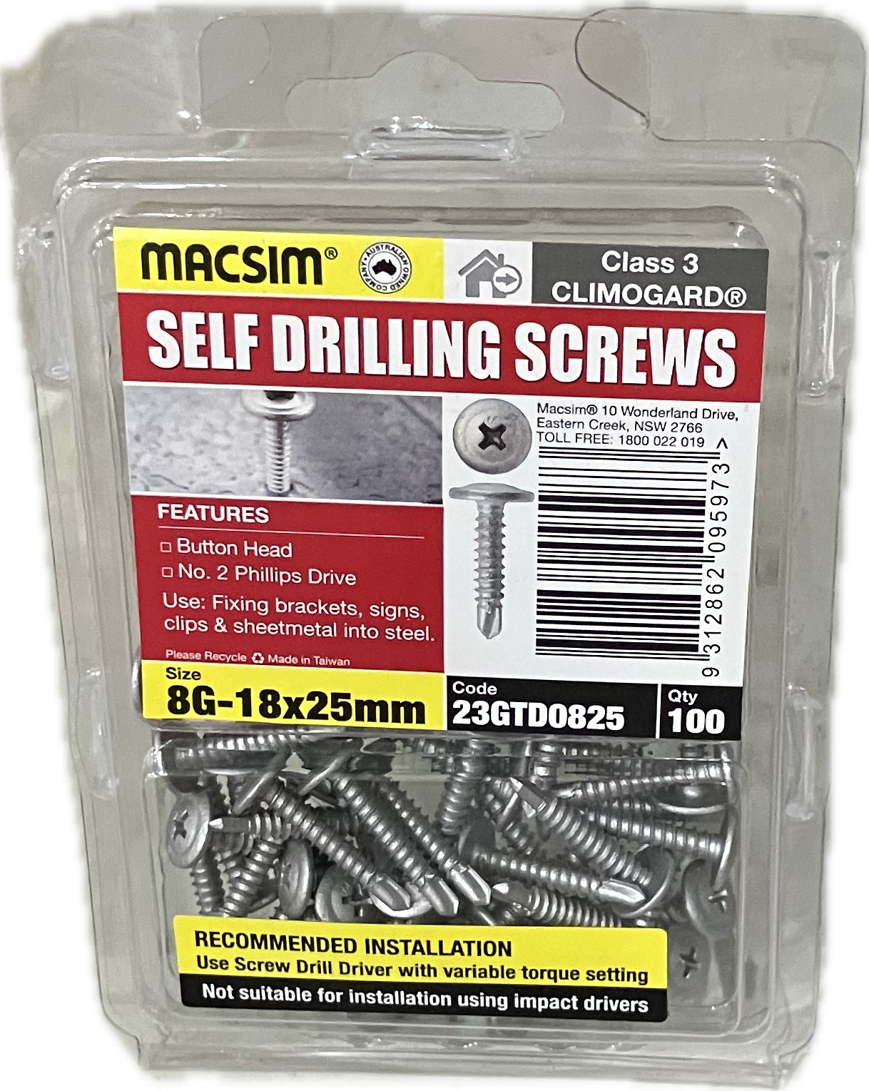 MACSIM SELF DRILLING BUTTON HEAD CLIMOGARD PHILLIPS DRIVE C3 8G SCREW (BLISTER PACK OF 100)