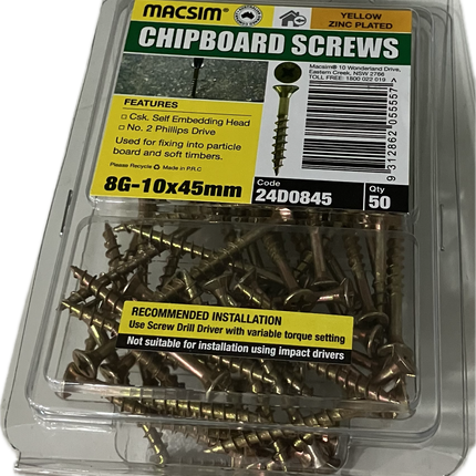 MACSIM CHIPBOARD COUNTERSUNK SELF EMBEDDING HEAD PHILLIPS DRIVE YELLOW ZINC PLATED 8G SCREW (BLISTER PACK OF 100 AND 50)