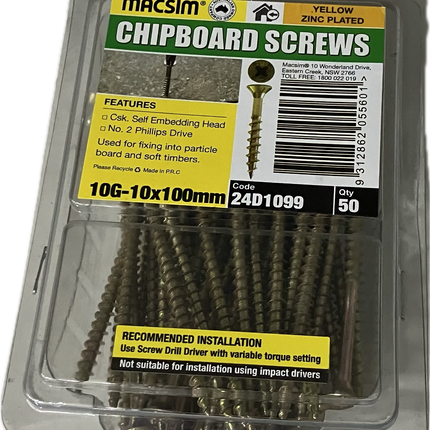 MACSIM CHIPBOARD COUNTERSUNK SELF EMBEDDING HEAD PHILLIPS DRIVE YELLOW ZINC PLATED 10G SCREW (BLISTER PACK OF 50)