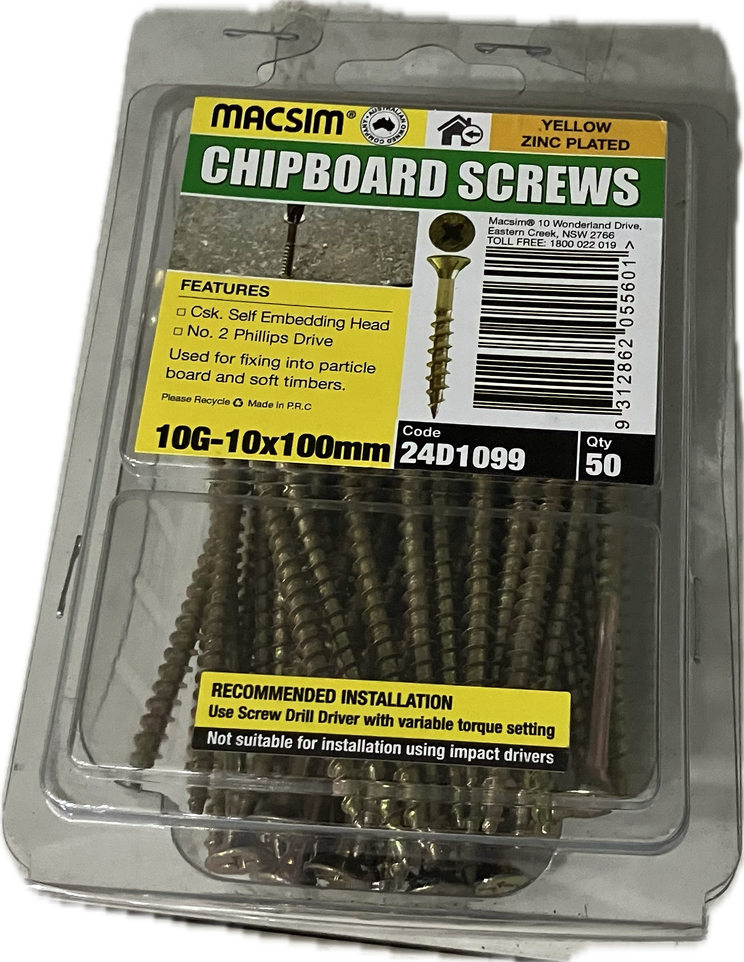CHIPBOARD SCREWS- 10G (BLISTER PACK OF 50)