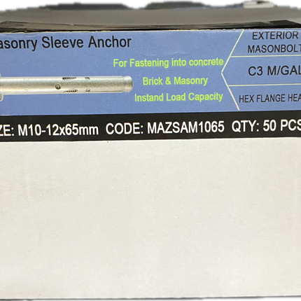 MFD HEX FLANGE HEAD C3 GALVANISED MASONBOLT M10-12x65MM (BOX OF 50)