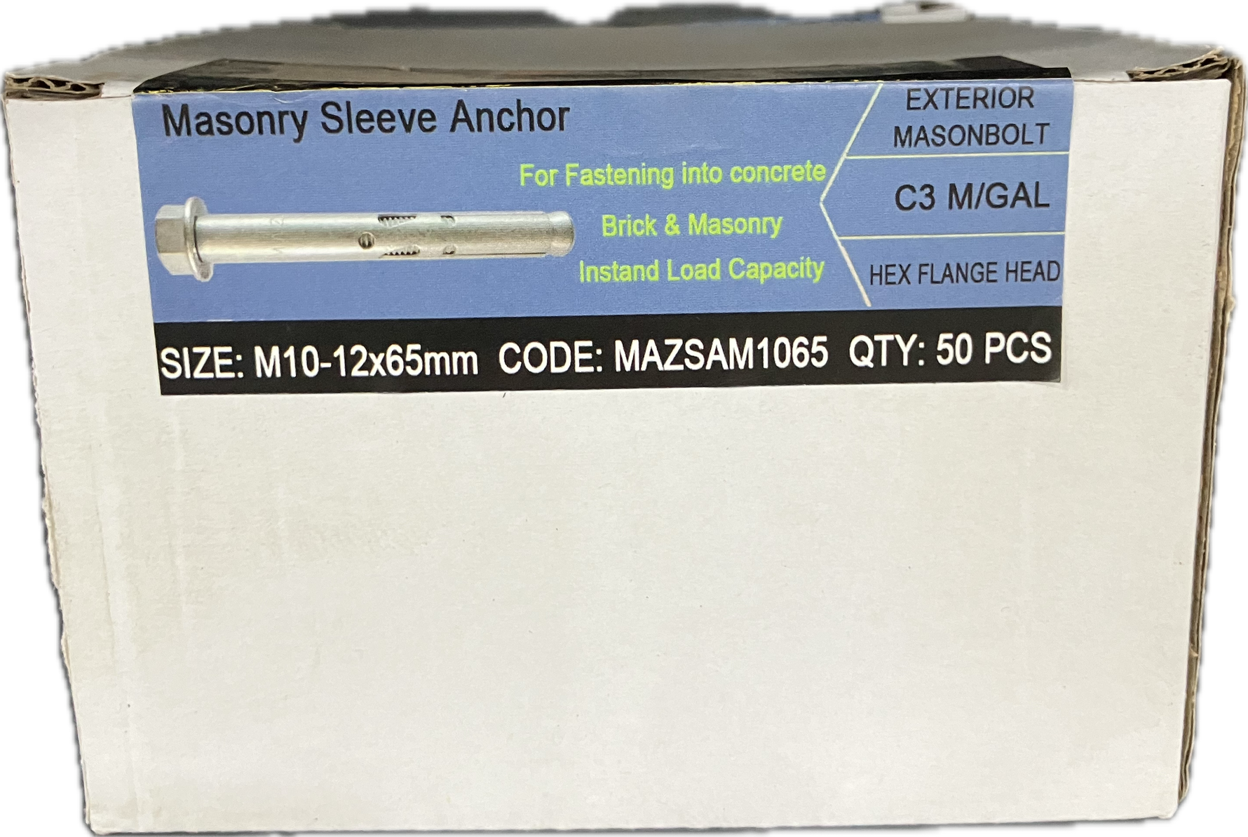 A box of 50 galvanized masonry sleeve anchors with hex flange head, labeled for use in concrete, brick, and stone applications.