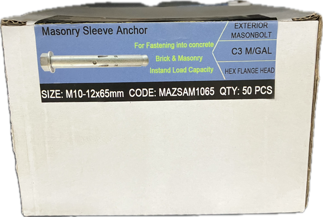 MFD HEX FLANGE HEAD C3 GALVANISED MASONBOLT M10-12x65MM (BOX OF 50)