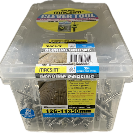 MACSIM DECKING COUNTERSUNK SELF EMBEDDING HEAD SQUARE DRIVE T17 304 STAINLESS STEEL SCREW 12G-11x50MM (BOX OF 500)