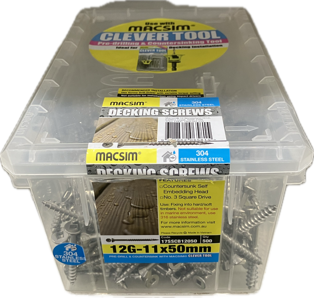 MACSIM DECKING COUNTERSUNK SELF EMBEDDING HEAD SQUARE DRIVE T17 304 STAINLESS STEEL SCREW 12G-11x50MM (BOX OF 500)