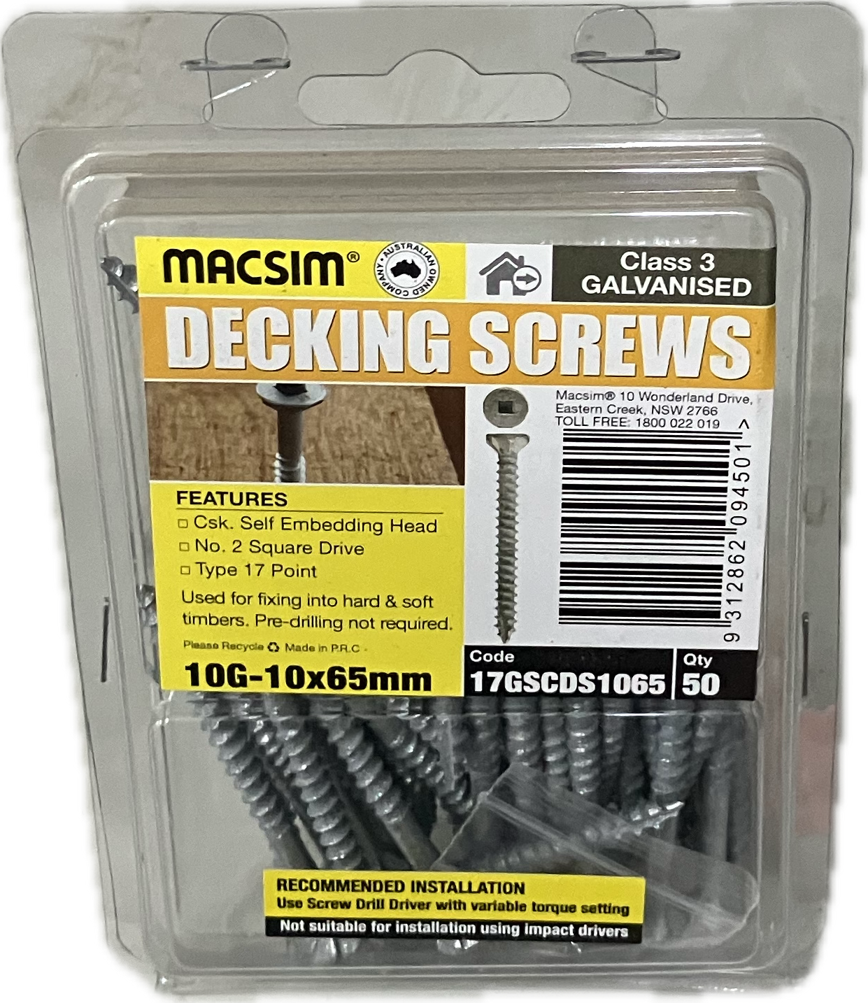 MACSIM DECKING COUNTERSUNK SELF EMBEDDING HEAD SQUARE DRIVE T17 C3 GALVANISED 10G SCREW (BLISTER PACK OF 50)