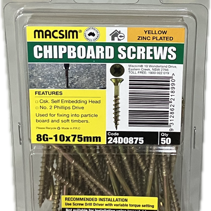 MACSIM CHIPBOARD COUNTERSUNK SELF EMBEDDING HEAD PHILLIPS DRIVE YELLOW ZINC PLATED 8G SCREW (BLISTER PACK OF 100 AND 50)