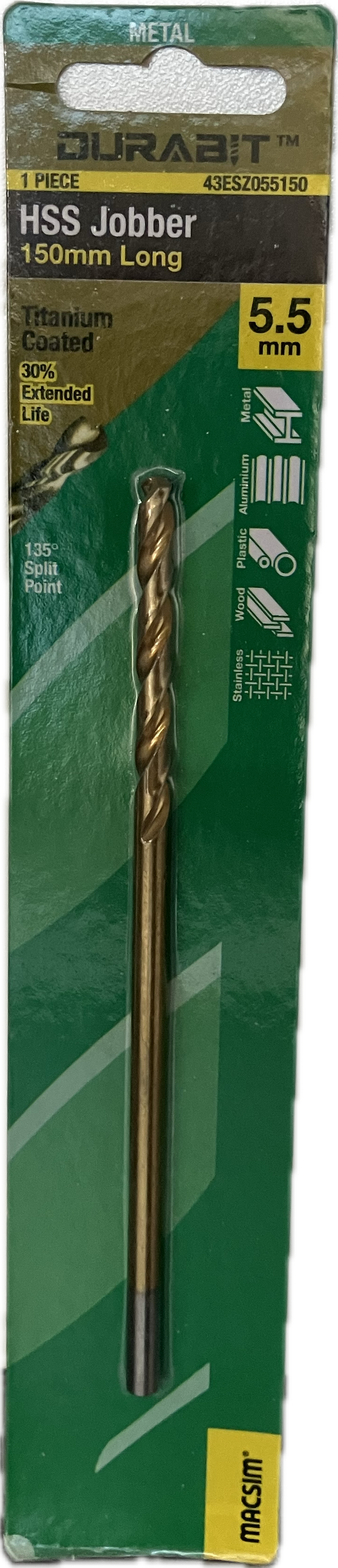 MACSIM DURABIT HSS JOBBER DRILL BIT- 150MM (HANG PACK OF 1)