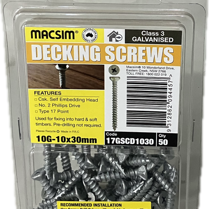 MACSIM DECKING COUNTERSUNK SELF EMBEDDING HEAD PHILLIPS DRIVE T17 C3 GALVANISED 10G SCREW (BLISTER PACK OF 50)