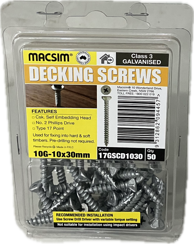 MACSIM DECKING COUNTERSUNK SELF EMBEDDING HEAD PHILLIPS DRIVE T17 C3 GALVANISED 10G SCREW (BLISTER PACK OF 50)