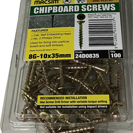 MACSIM CHIPBOARD COUNTERSUNK SELF EMBEDDING HEAD PHILLIPS DRIVE YELLOW ZINC PLATED 8G SCREW (BLISTER PACK OF 100 AND 50)