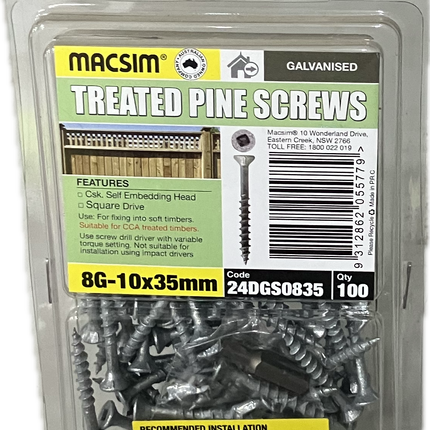 MACSIM TREATED PINE COUNTERSUNK SELF EMBEDDING HEAD SQUARE DRIVE GALVANISED 8G SCREW (BLISTER PACK OF 100 AND 50)
