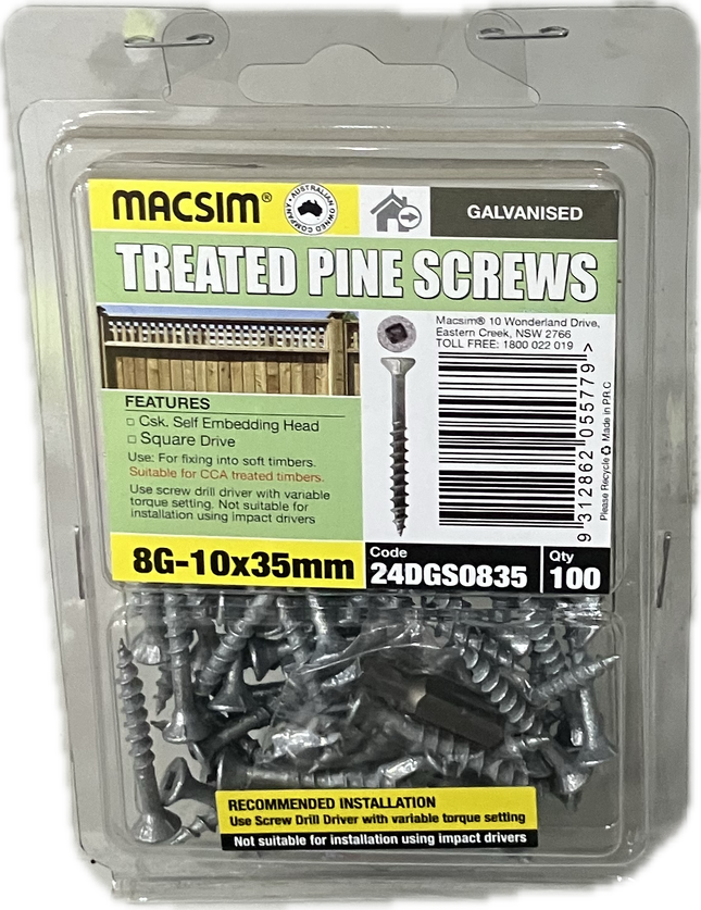 MACSIM TREATED PINE COUNTERSUNK SELF EMBEDDING HEAD SQUARE DRIVE GALVANISED 8G SCREW (BLISTER PACK OF 100 AND 50)