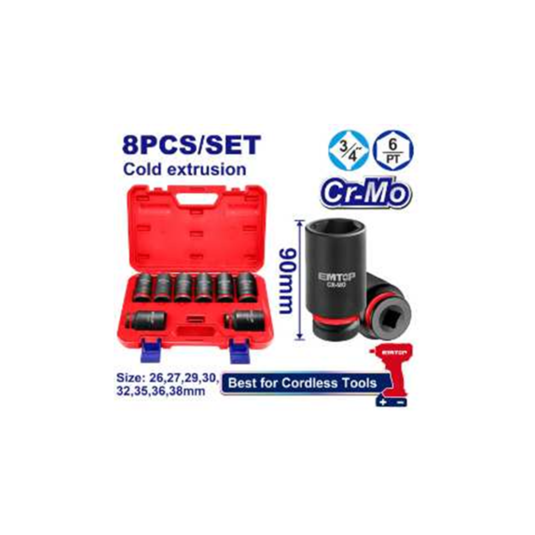 EMTOP 8 Pcs 3/4"DR. Deep Impact Socket Set EMSSD34082L