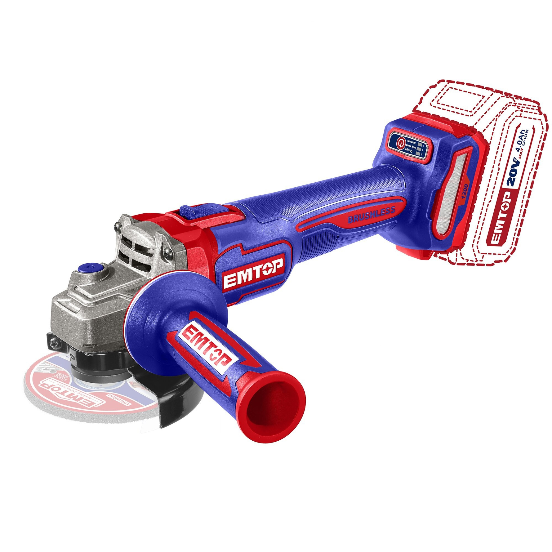 EMTOP 115mm Cordless Angle Grinder (Body Only) 1200W, Brushless Motor, Cordless Grinder Tools 9000RPM 3 Variable Speed ELAG221153