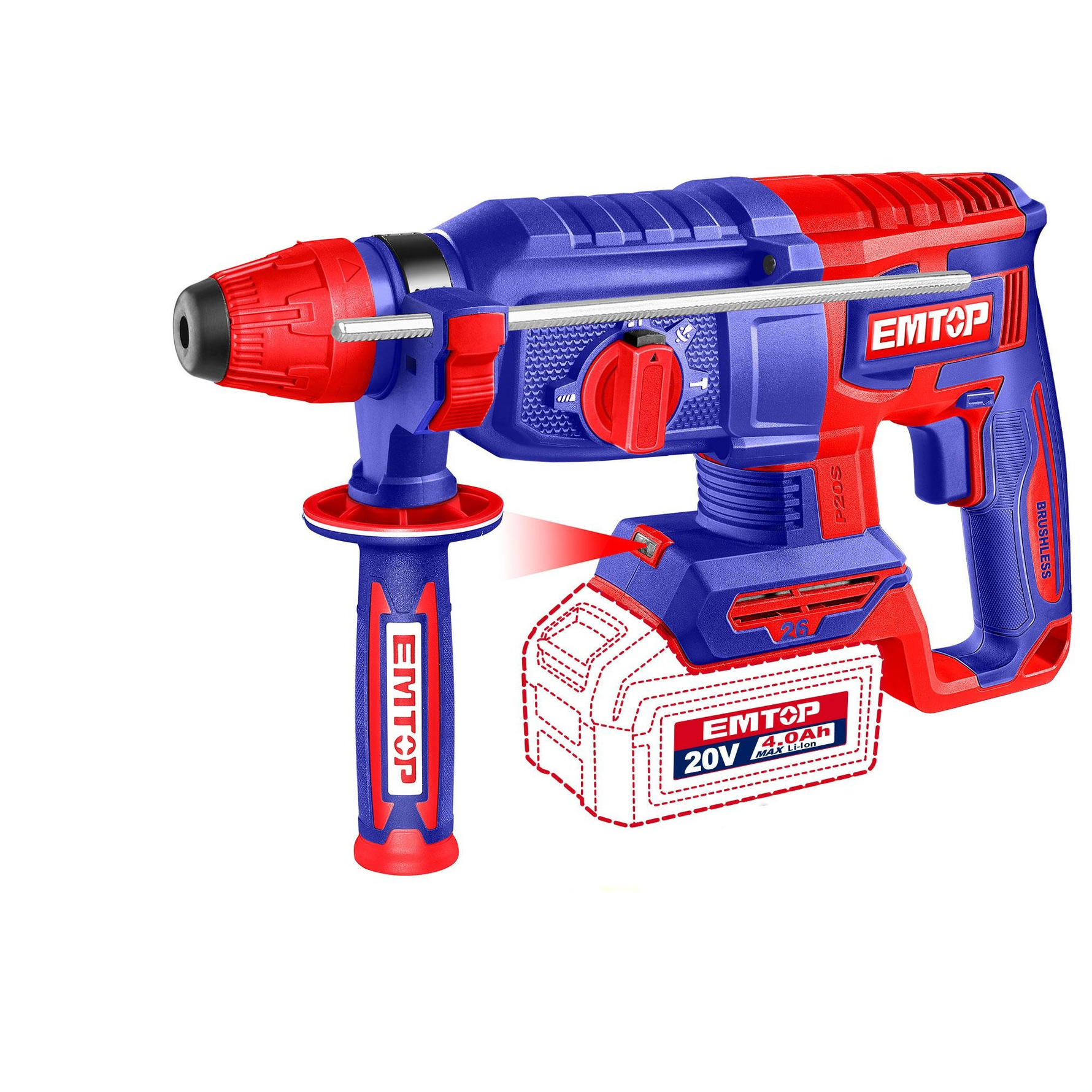 EMTOP Cordless Rotary Hammer Drill 26mm (Body Only), Brushless Motor, 1100RPM, 2.5J ELRH20268
