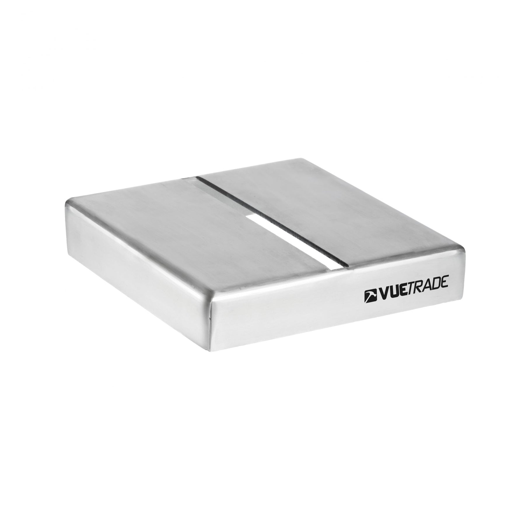 A silver-colored T-Blade Post Support Cap with the VUETRADE logo engraved on the side.