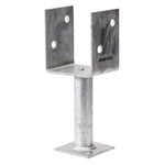A silver-colored full stirrup post support made of galvanized steel with pre-punched holes for bolts or screws.