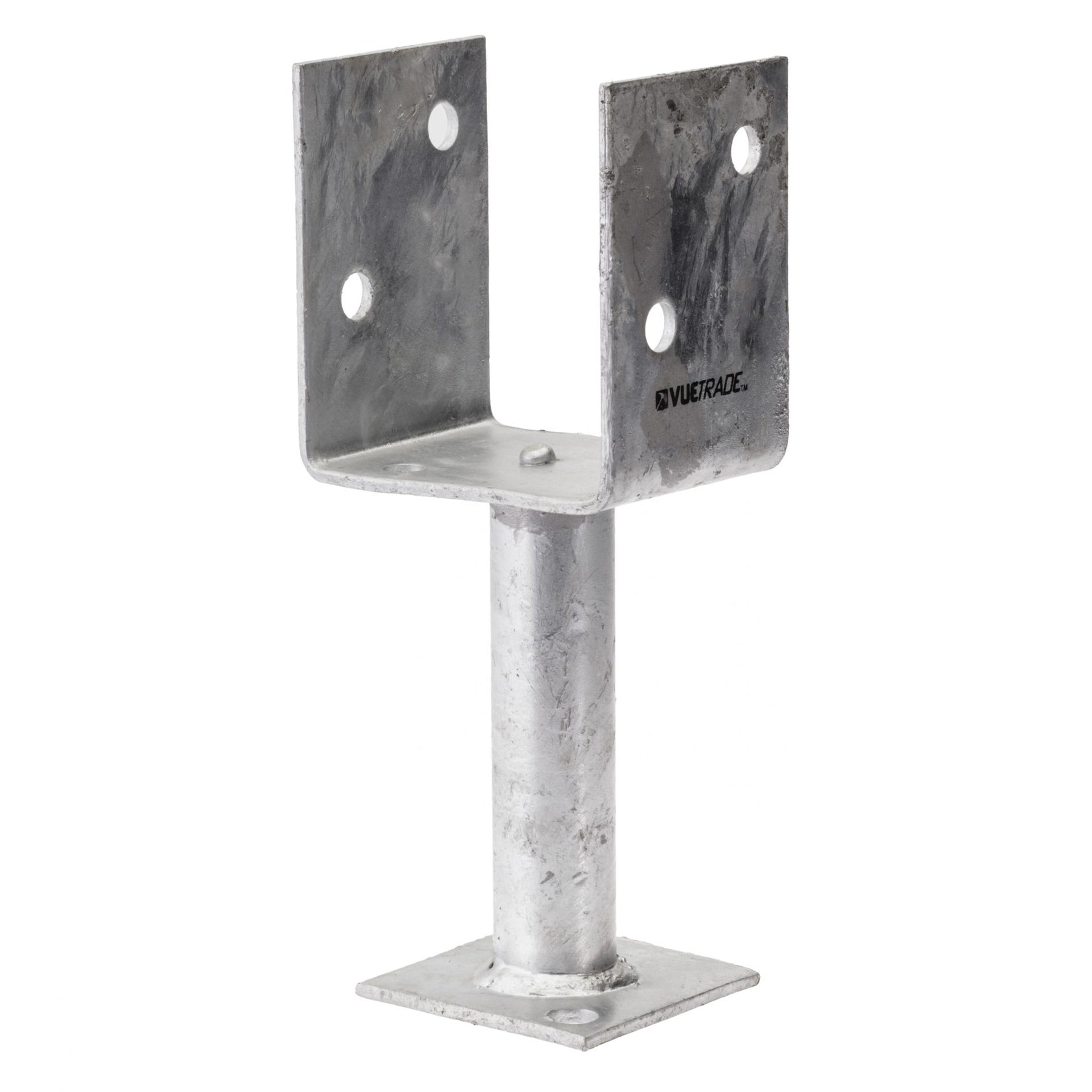 A silver-colored full stirrup post support made of galvanized steel with pre-punched holes for bolts or screws.