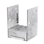 A silver-colored VUETRADE bolt down post support with pre-drilled holes for anchoring to concrete or solid foundations.